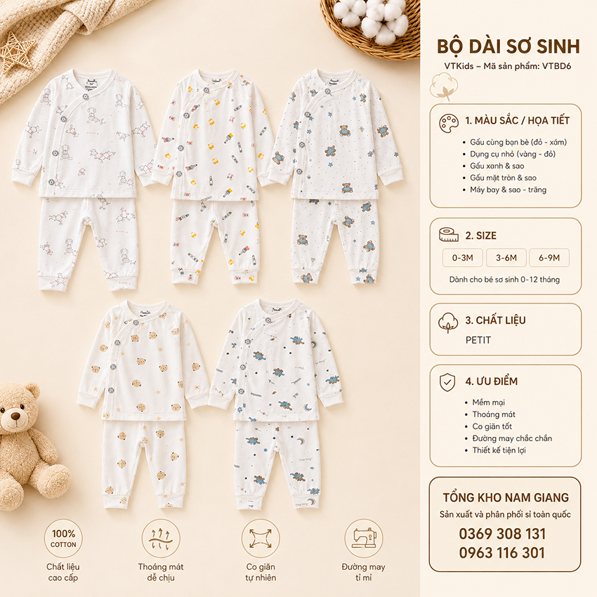 Bộ dài sơ sinh petit VTKids cài lệch VTBD6