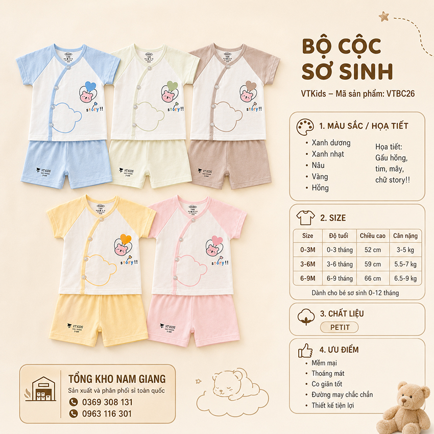 Bộ cộc sơ sinh Petit VTKids cài lệch VTBC26