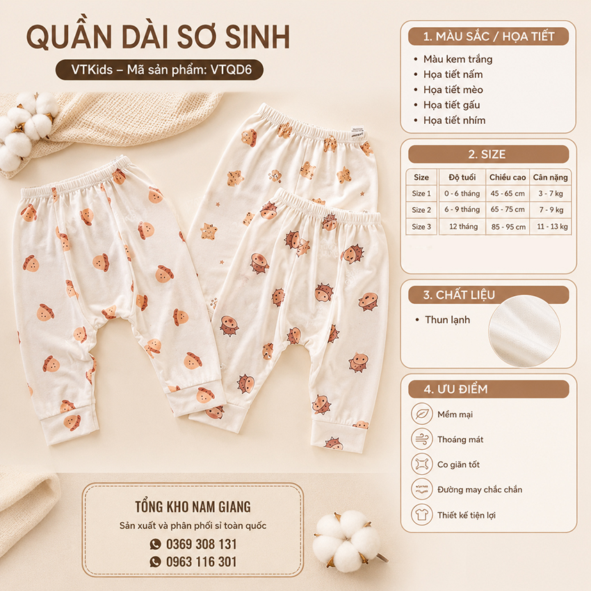 Quần dài sơ sinh thun lạnh VTKids đáp đũng VTQD6
