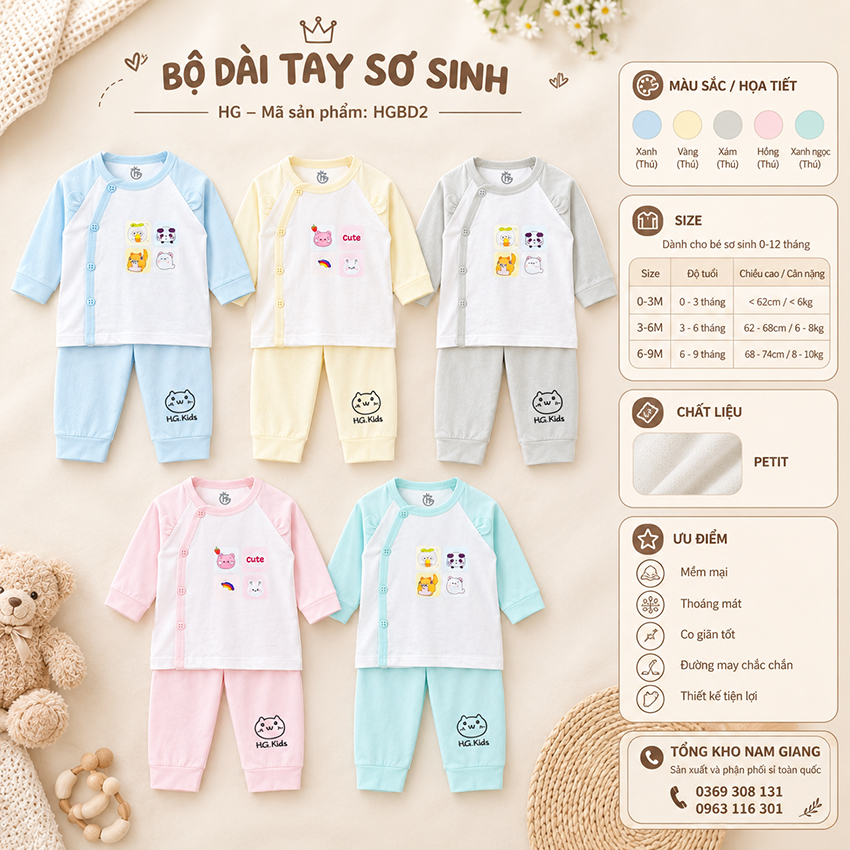 Bộ dài sơ sinh petit HG cài lệch HGBD2