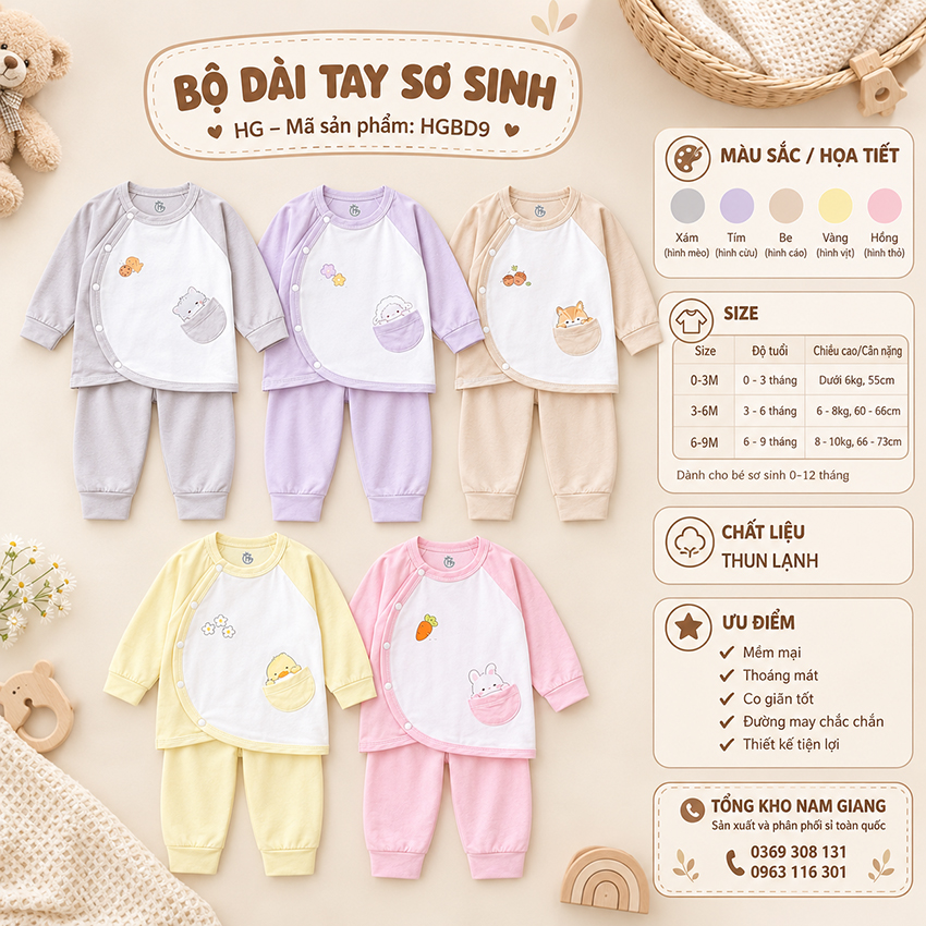 Bộ dài sơ sinh thun lạnh HG cài lệch HGBD9