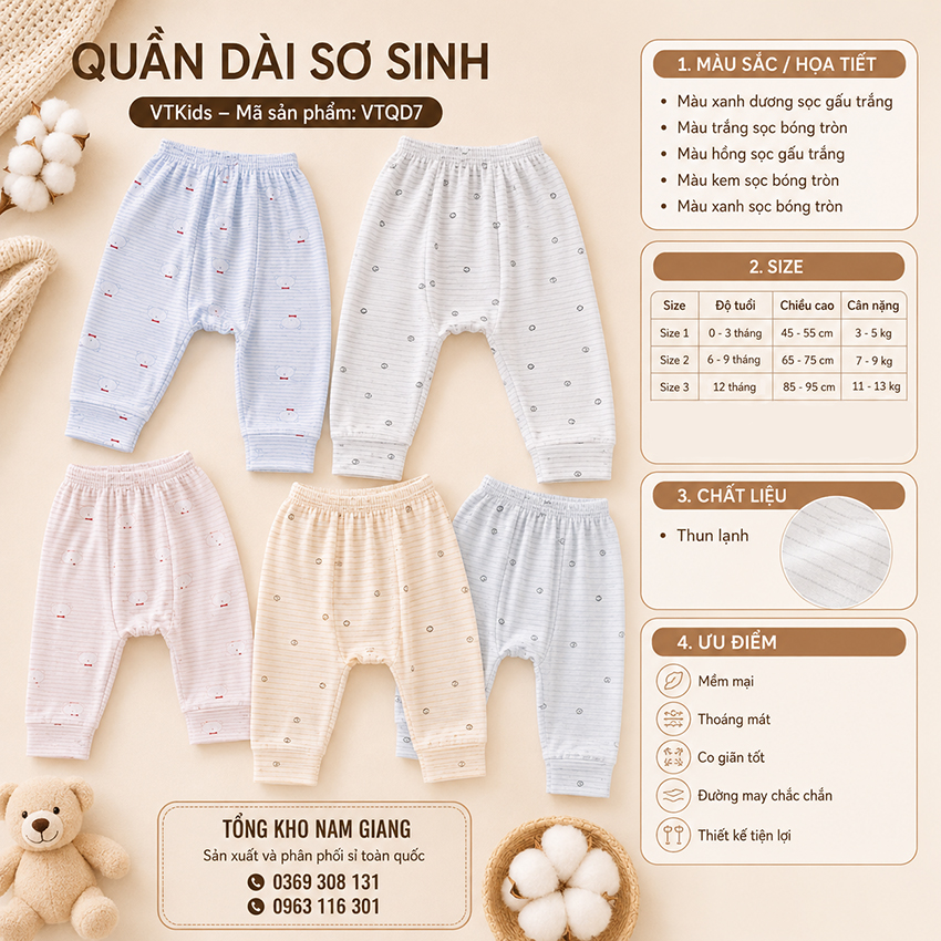 Quần dài sơ sinh thun lạnh VTKids đáp đũng VTQD7