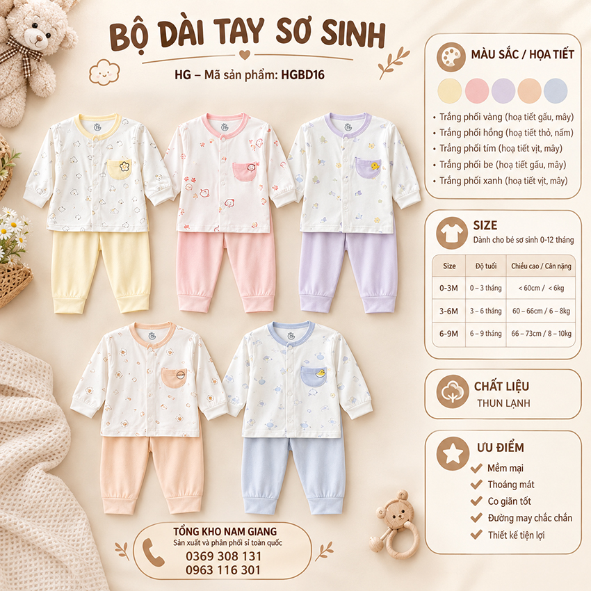 Bộ dài sơ sinh thun lạnh HG cài lệch HGBD16