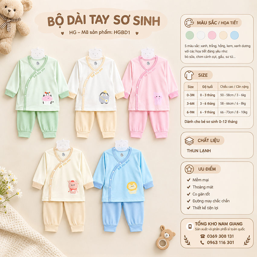 Bộ dài sơ sinh thun lạnh HG cài lệch HGBD1