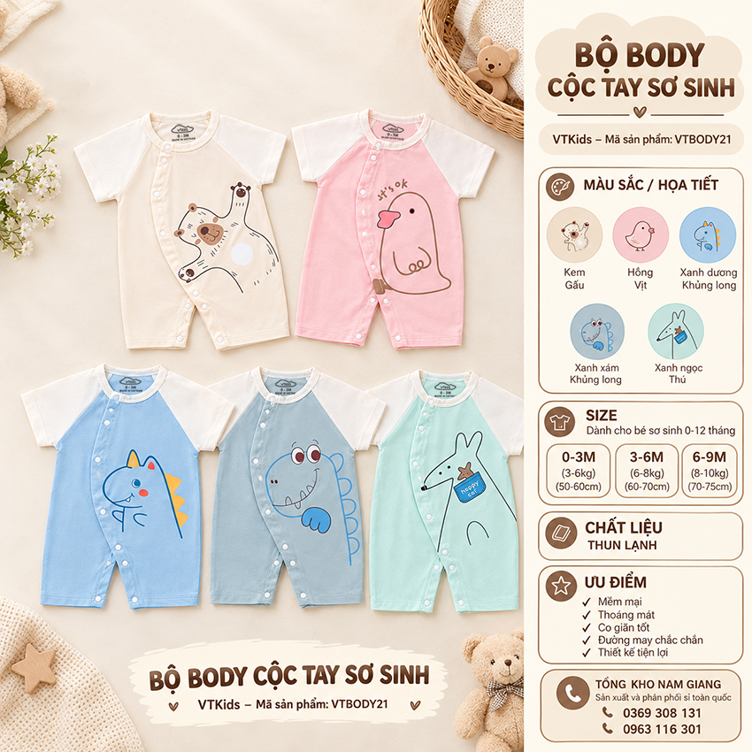 Body sơ sinh cộc tay thun lạnh VTKids VTBODY21