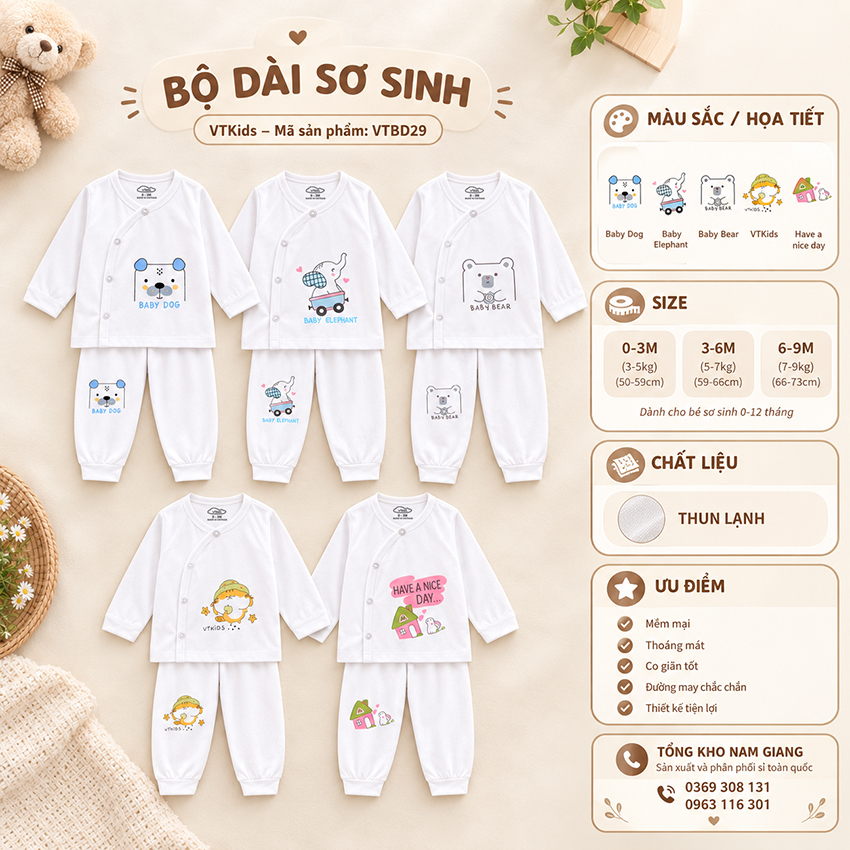 Bộ dài sơ sinh thun lạnh VTKids cài lệch VTBD29