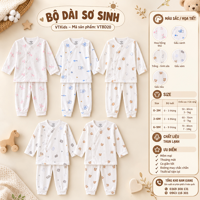 Bộ dài sơ sinh thun lạnh VTKids cài lệch VTBD20