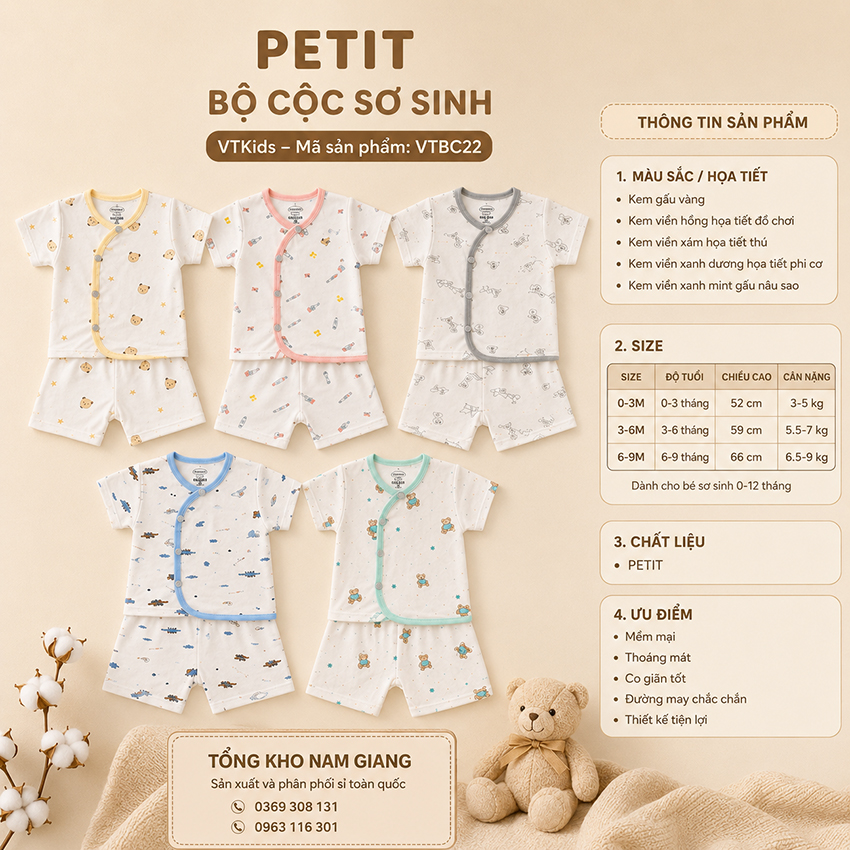 Bộ cộc sơ sinh Petit VTKids cài lệch VTBC22