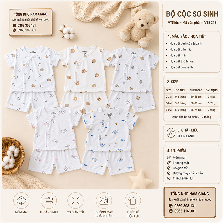 Bộ cộc sơ sinh thun lạnh VTKids cài chéo VTBC13