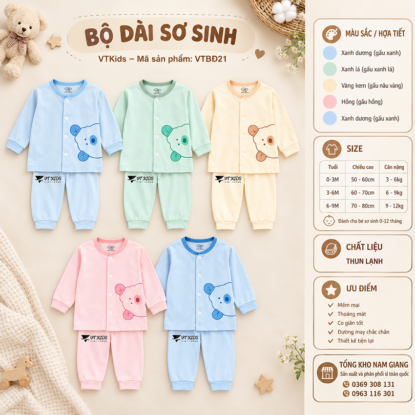 Bộ dài sơ sinh thun lạnh VTKids cài lệch VTBD21