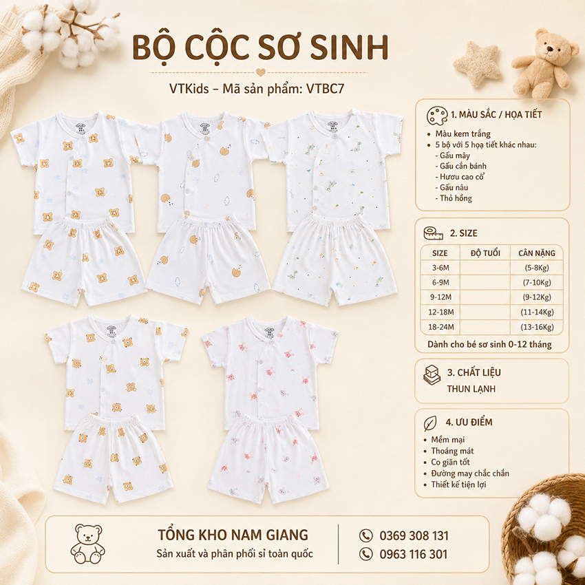 Bộ cộc sơ sinh thun lạnh VTKids cài chéo VTBC7