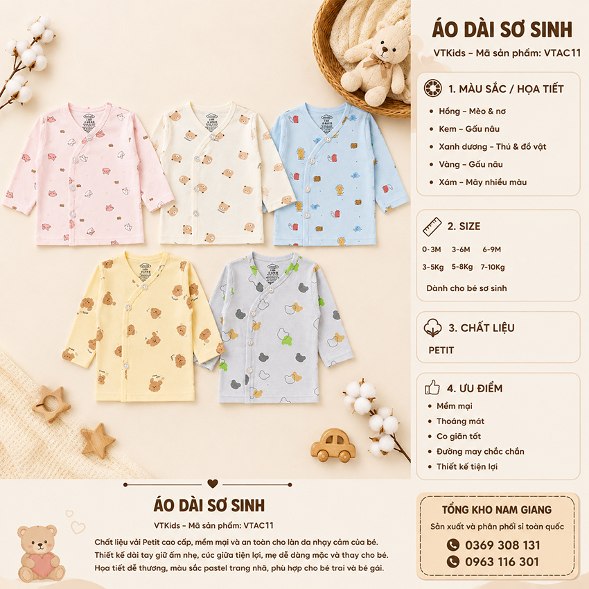 Áo dài sơ sinh Petit VTKids cài lệch VTAD11