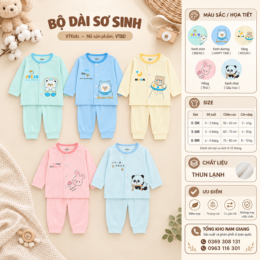 Bộ dài sơ sinh thun lạnh VTKids cúc giữa VTBD15
