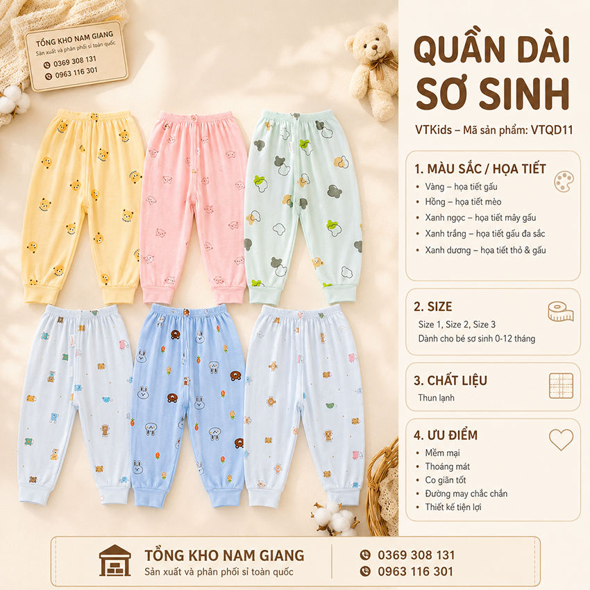 Quần dài sơ sinh thun lạnh VTKids VTQD11