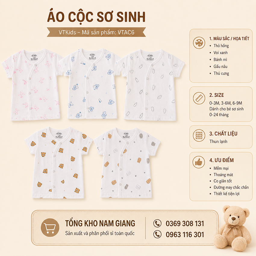 Áo cộc sơ sinh thun lạnh VTKids cài chéo VTAC6