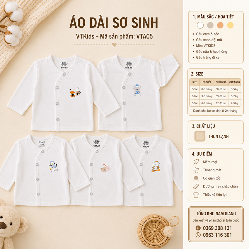 Áo dài sơ sinh thun lạnh VTKids cài lệch VTAD5