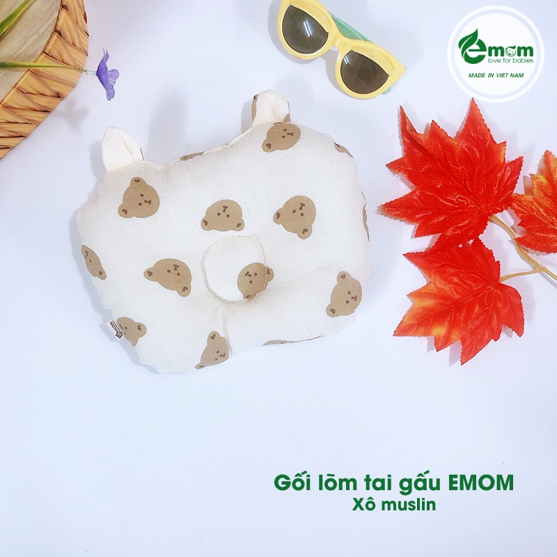 Gối lõm bông muslin tai gấu EMOM