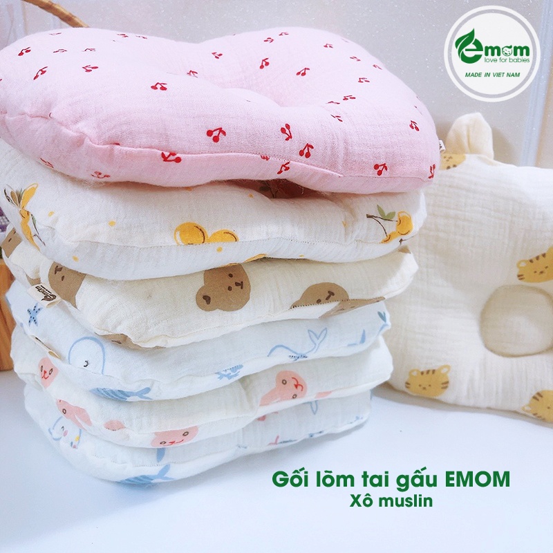 Gối lõm bông muslin tai gấu EMOM