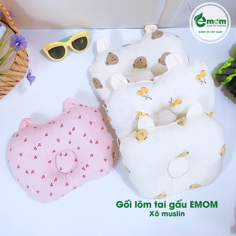 Gối lõm bông muslin tai gấu EMOM