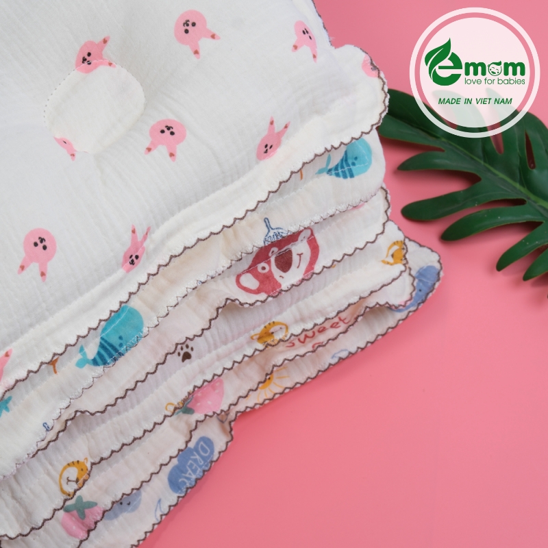 Gối lõm xô muslin Emom thêu viền