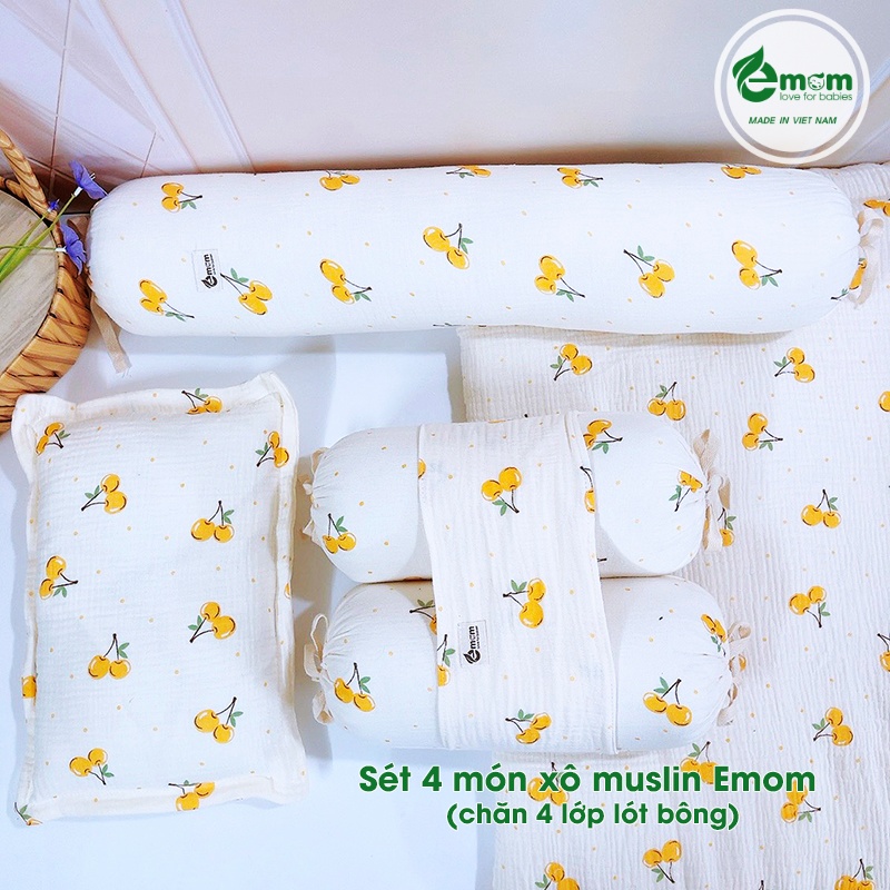 Sét 4 món xô muslin EMOM LOVELY (chăn 4 lớp lót bông)