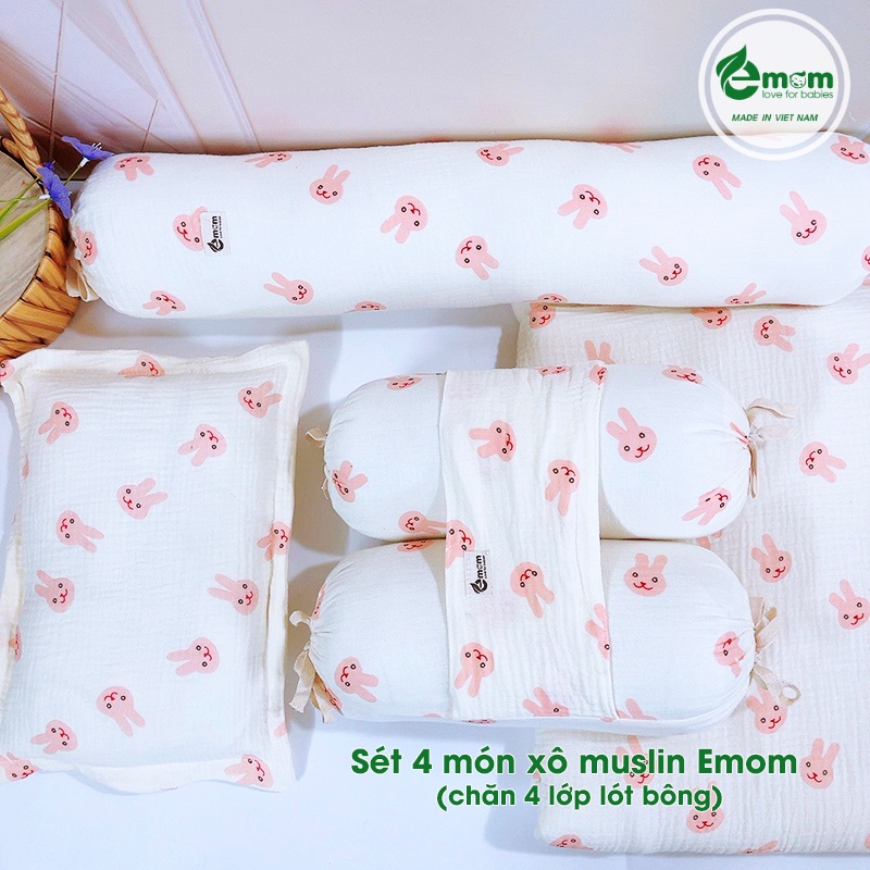 Sét 4 món xô muslin EMOM LOVELY (chăn 4 lớp lót bông)