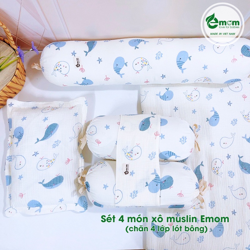 Sét 4 món xô muslin EMOM LOVELY (chăn 4 lớp lót bông)