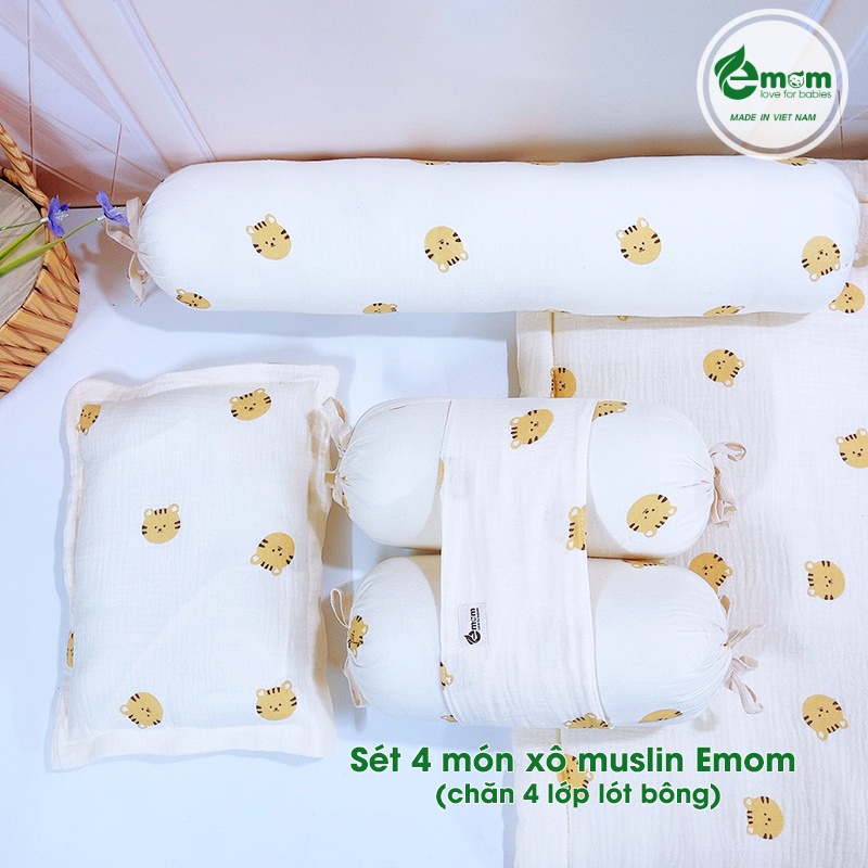 Sét 4 món xô muslin EMOM LOVELY (chăn 4 lớp lót bông)