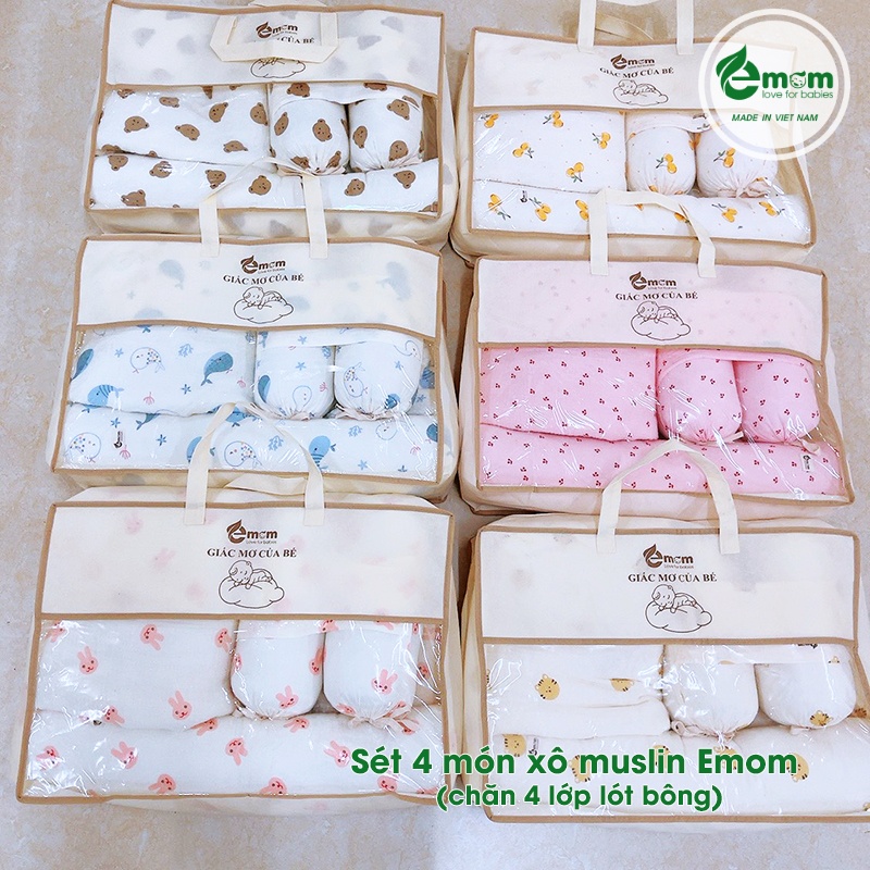 Sét 4 món xô muslin EMOM LOVELY (chăn 4 lớp lót bông)