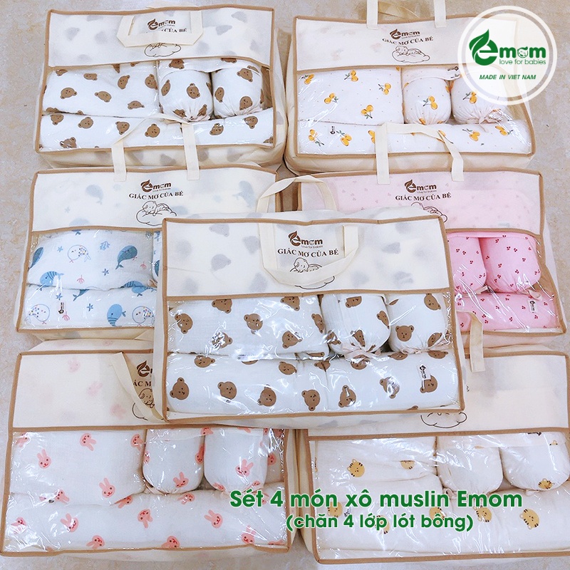 Sét 4 món xô muslin EMOM LOVELY (chăn 4 lớp lót bông)
