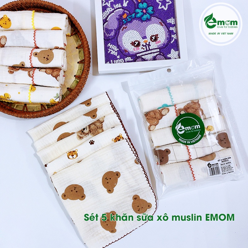 Sét 5 khăn sữa xô muslin EMOM