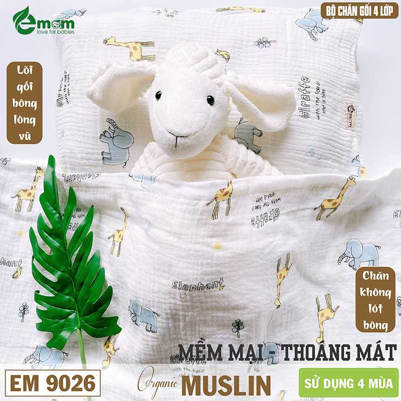 Sét chăn gối xô muslin EMOM LOVELY (chăn 4 lớp)