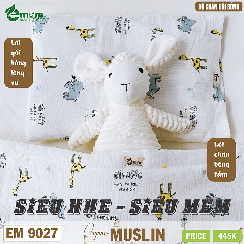 Sét chăn gối xô muslin EMOM LOVELY (chăn 4 lớp lót bông)
