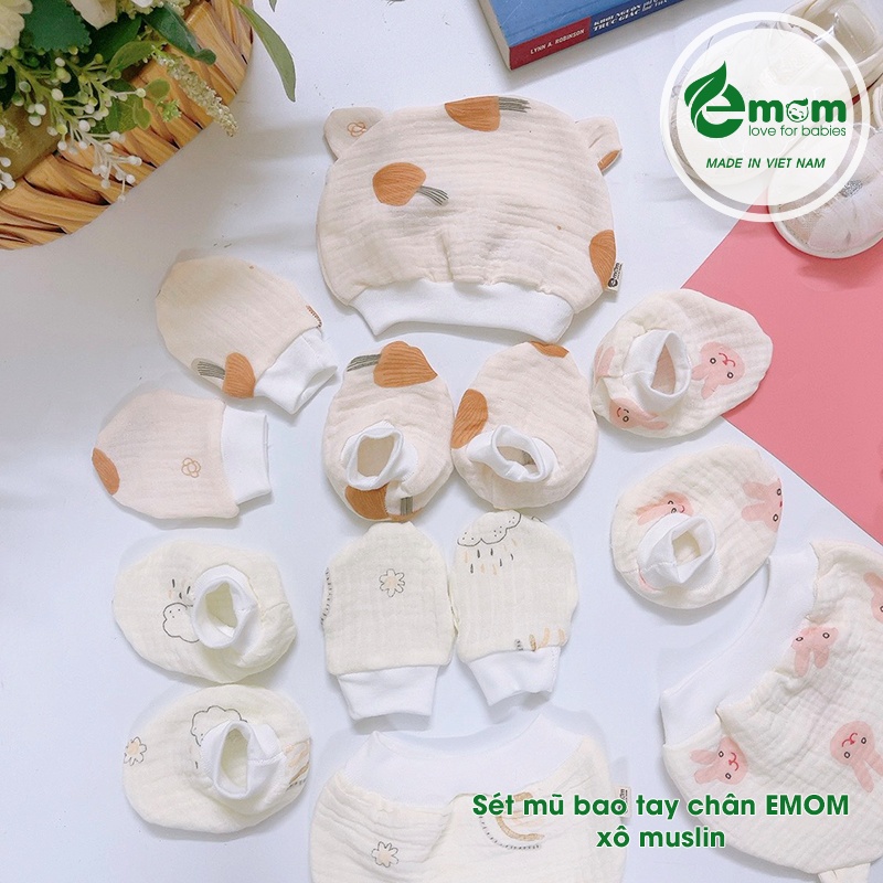 Sét mũ bao tay chân EMOM xô Muslin