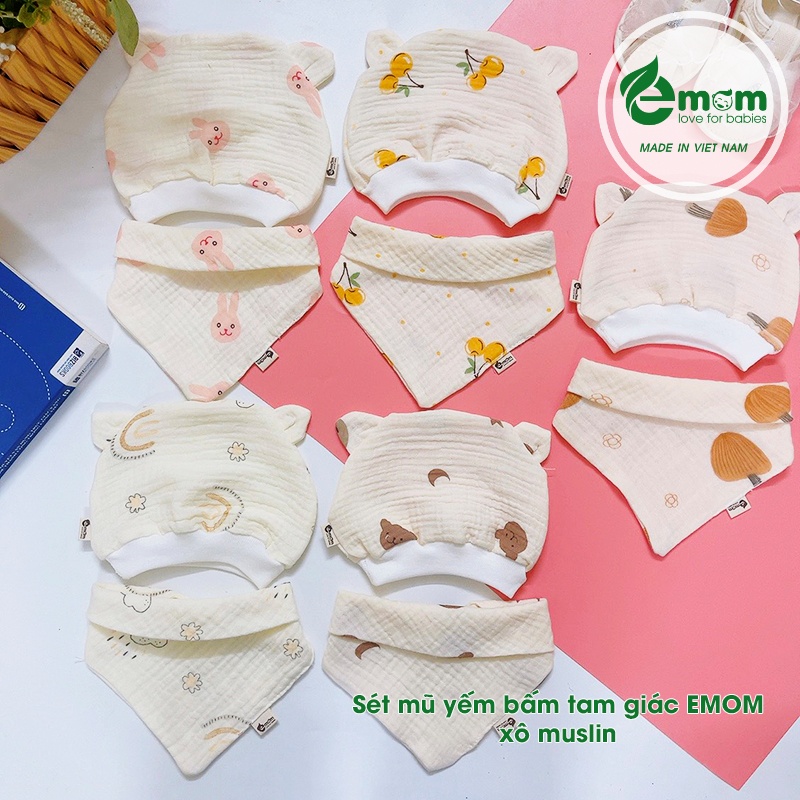 Sét mũ yếm bấm tam giác muslin EMOM