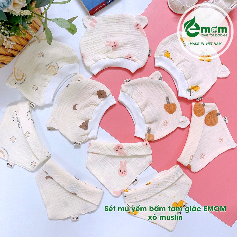 Sét mũ yếm bấm tam giác muslin EMOM