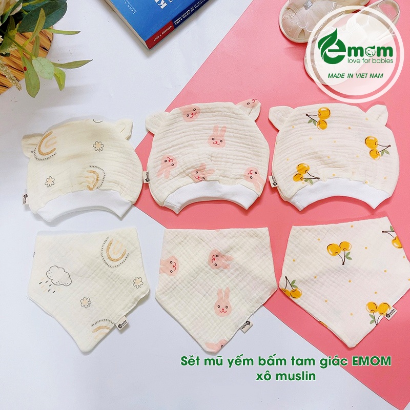 Sét mũ yếm bấm tam giác muslin EMOM