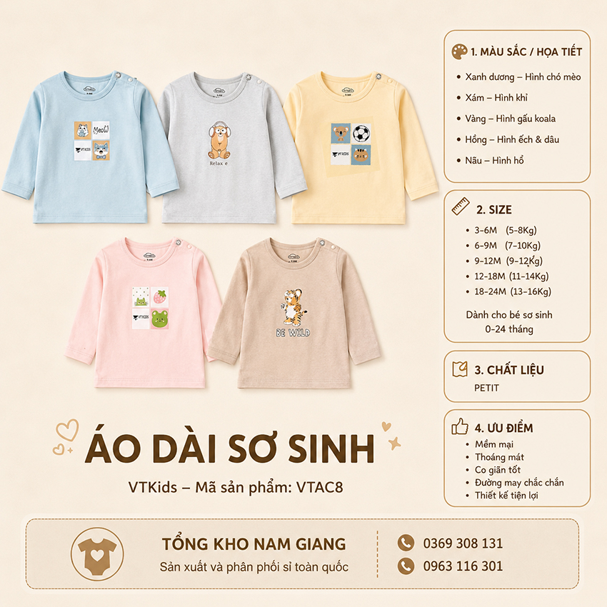 Áo dài sơ sinh Petit VTKids cài vai VTAD8