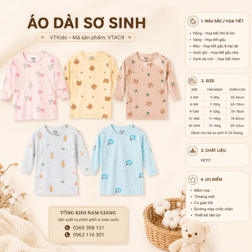 Áo dài sơ sinh Petit VTKids cài vai VTAD9