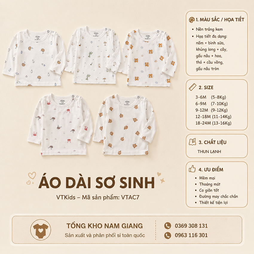 Áo dài sơ sinh thun lạnh VTKids cài vai VTAD7