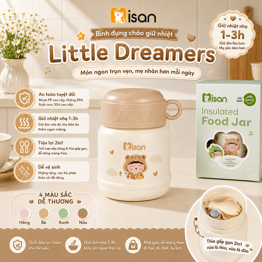 Bình ủ cháo inox 304 Misan Little dreamers