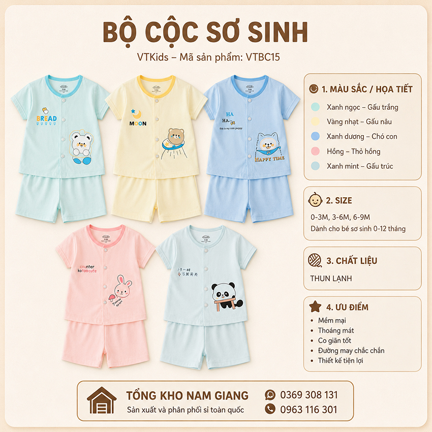 Bộ cộc sơ sinh thun lạnh VTKids cài giữa VTBC15