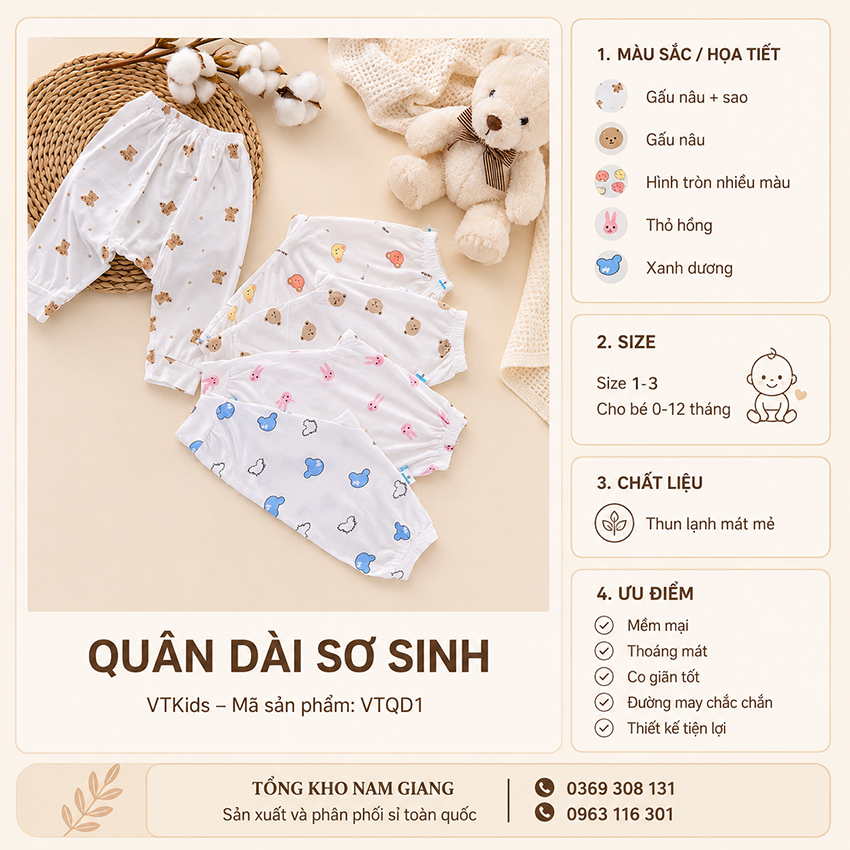 Quần dài sơ sinh thun lạnh VTKids đáp đũng VTQD1