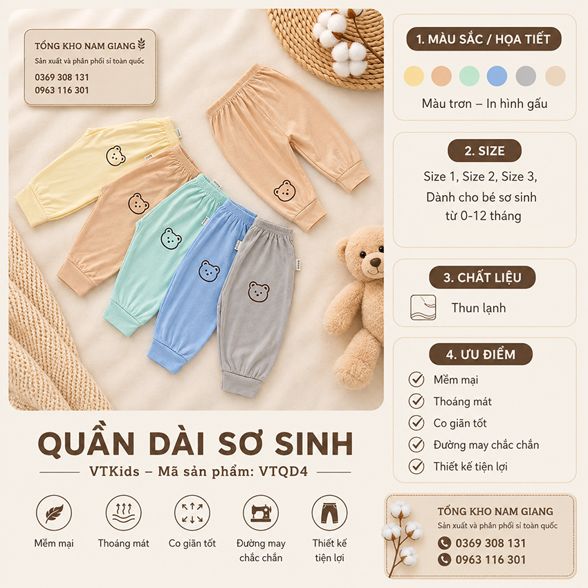 Quần dài sơ sinh thun lạnh VTKids đáp đũng VTQD4