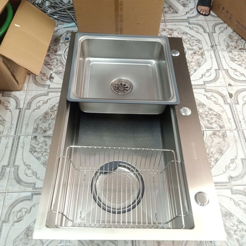 Chậu rửa bát 1 hố GRÜNDER inox 304 kết hợp vân đá chống xước dễ vệ sinh kích thước 78x46cm