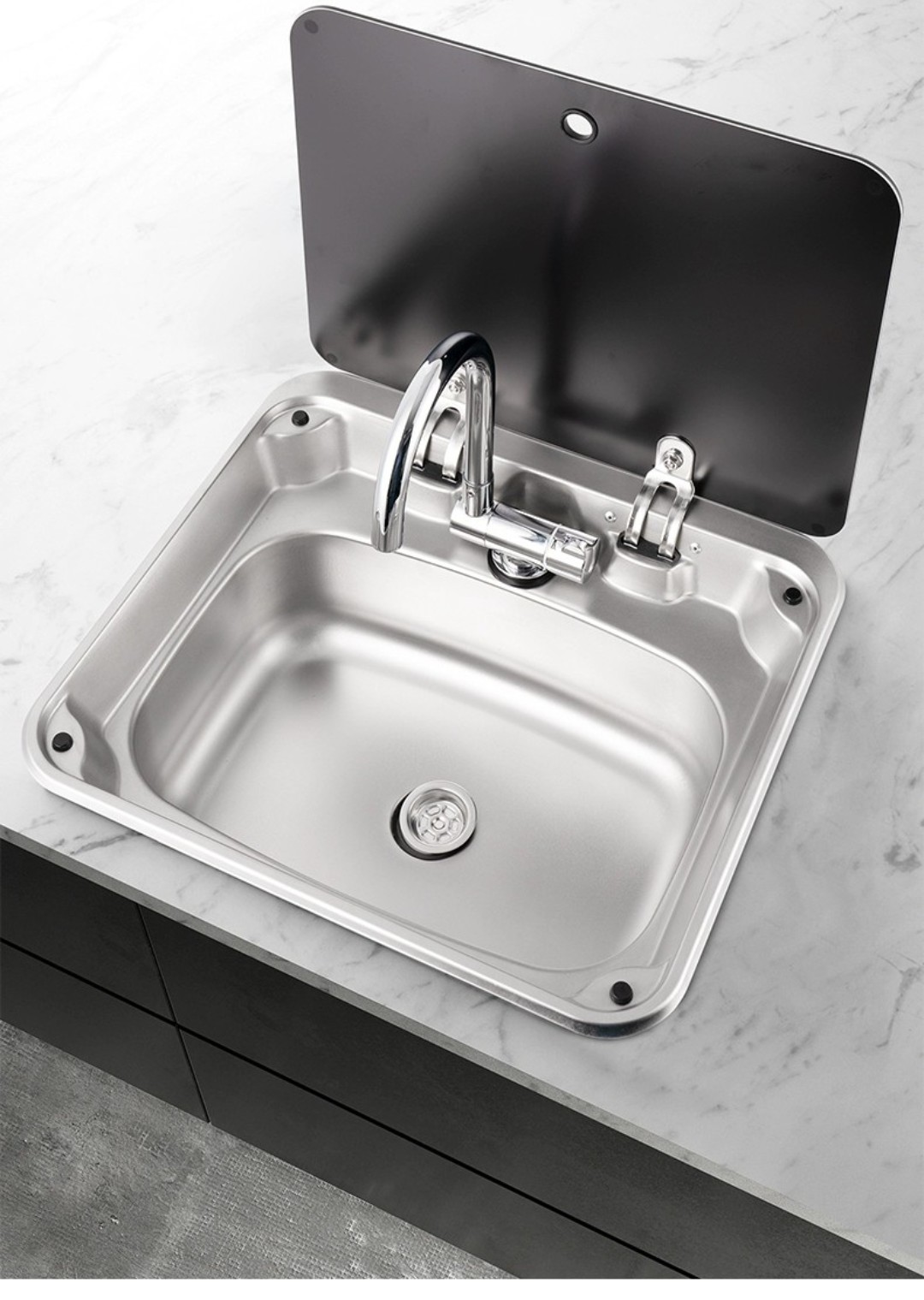 Bồn rửa inox gắn xe ô tô có nắp đậy bằng kính cường lực