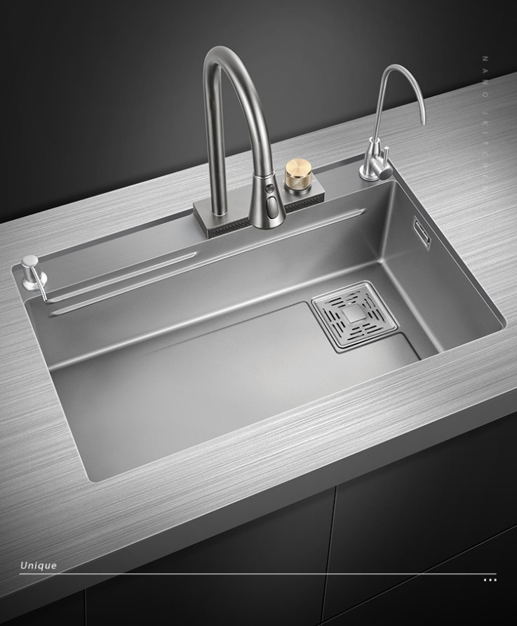 Combo chậu vòi thác rửa bát 1 hố cỡ lớn nano Kích thước 80x45 thương hiệu GRÜNDER