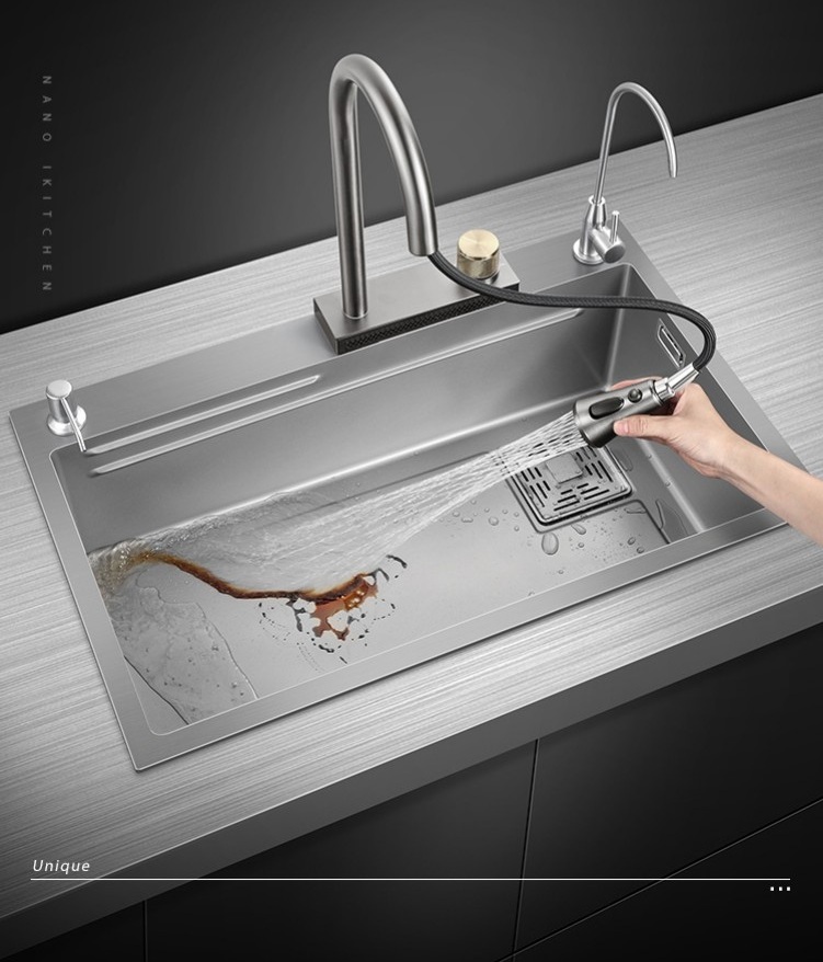 Combo chậu vòi thác rửa bát 1 hố cỡ lớn nano Kích thước 80x45 thương hiệu GRÜNDER