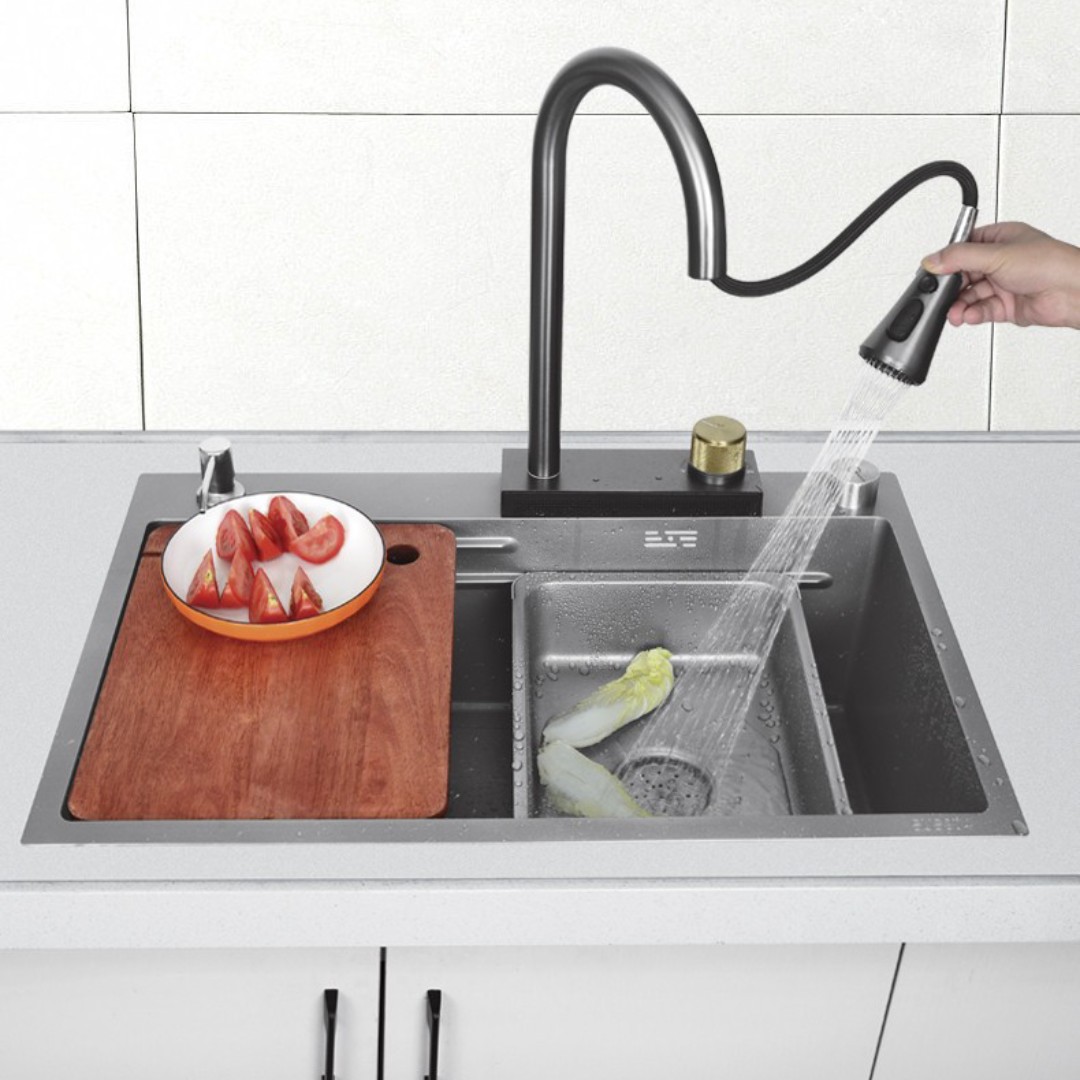 Combo chậu vòi thác rửa bát 1 hố cỡ lớn nano Kích thước 80x45 thương hiệu GRÜNDER