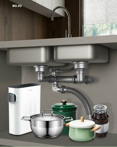 Bộ xiphong chậu rửa bát 2 hố 2 bầu rác đường kính 11cm thiết kế sát tường tận dụng diện tích